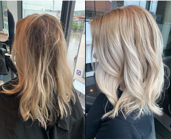 Ein Vorher-Nachher-Foto der Haare einer Frau.