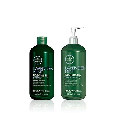 Zwei Flaschen Lavendel-Minz-Shampoo und Spülung auf einem weißen Hintergrund.