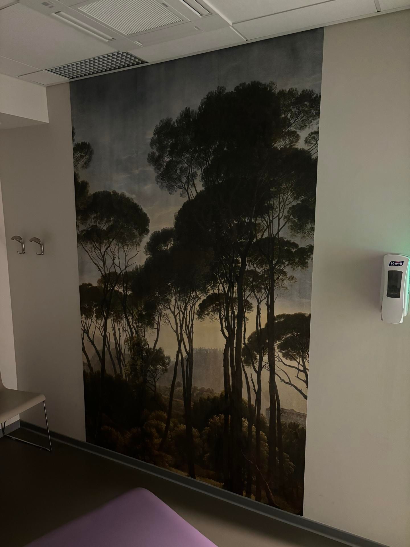 Grande fresque murale représentant une forêt dans une pièce intérieure moderne, avec des silhouettes de grands arbres et un distributeur mural.