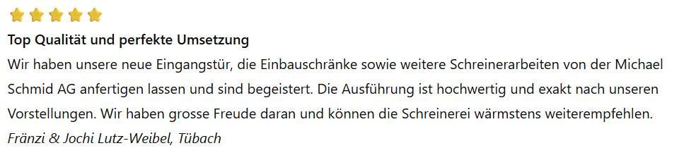 Eine Kundenrezension mit fünf goldenen Sternen. Der Text lautet: Höchste Qualität und perfekte Umsetzung.