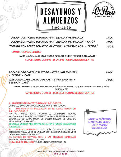 A menu for a restaurant called desayunos y almuerzos.