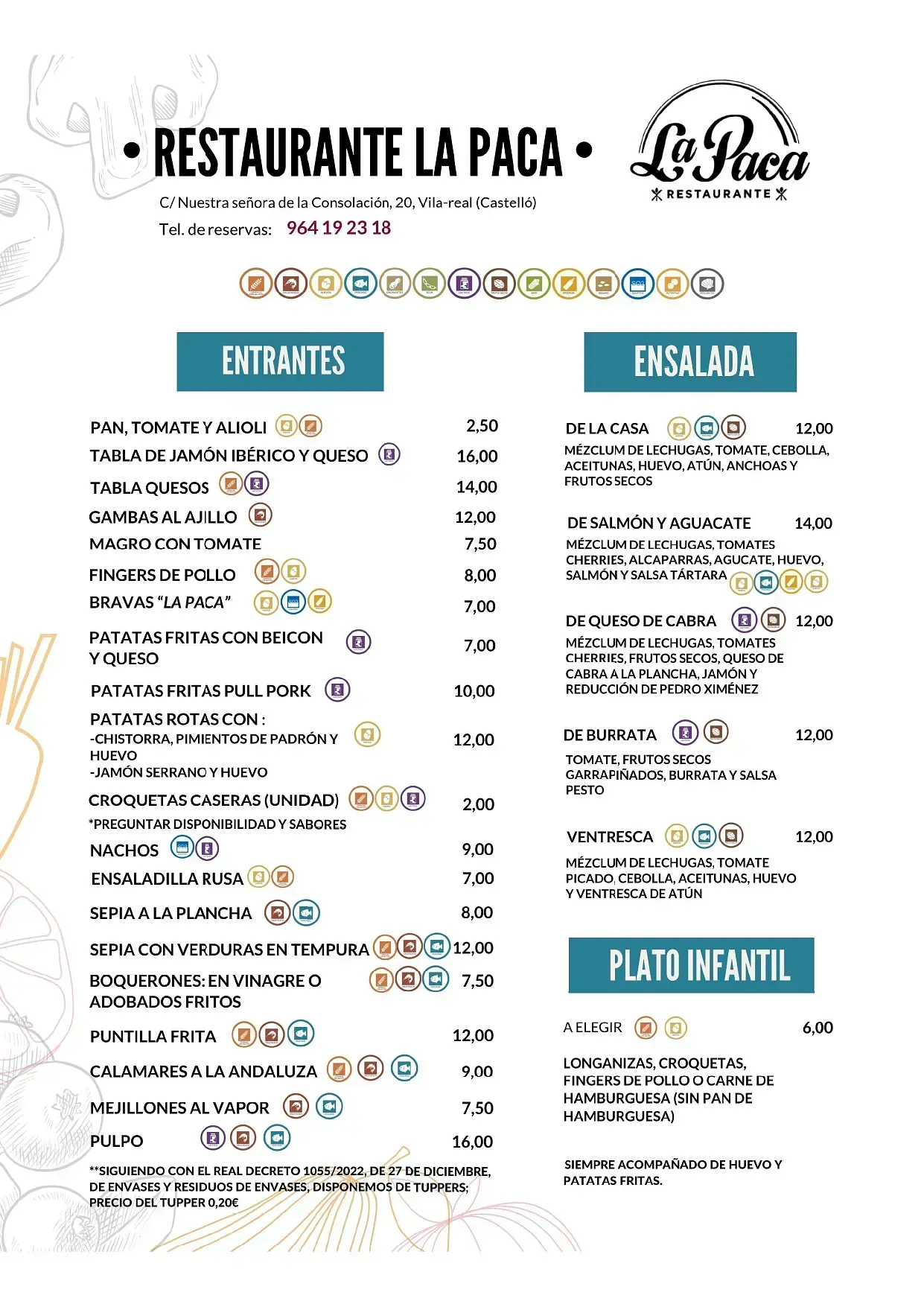 Un menú para un restaurante llamado restaurante la paca.