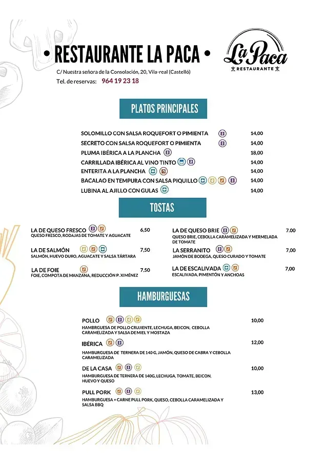 Un menú para un restaurante llamado restaurante la paca.