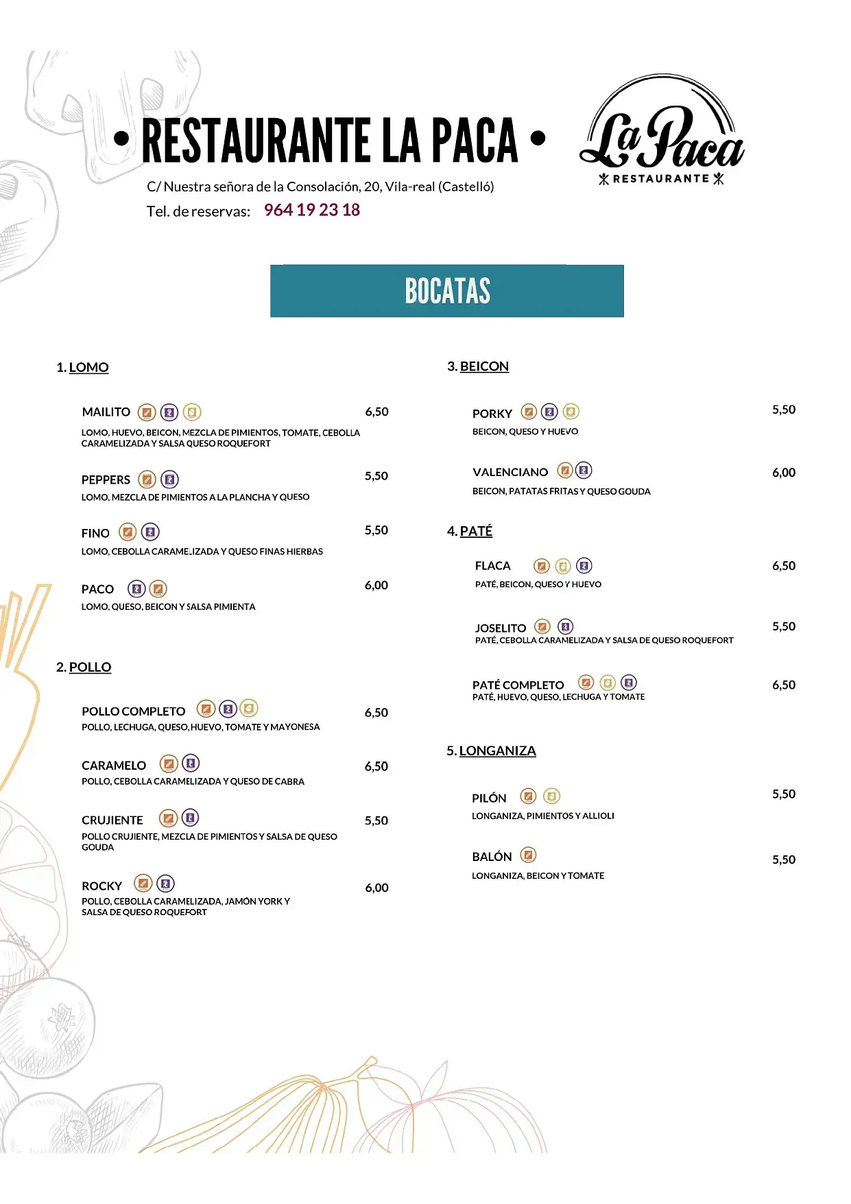 Un menú para un restaurante llamado restaurante la paca.