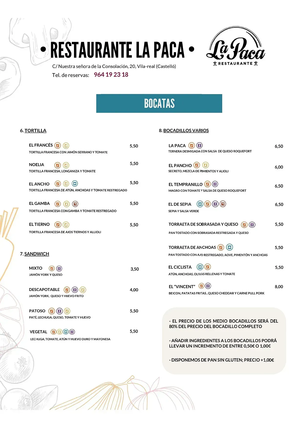 Un menú para un restaurante llamado restaurante la paca.