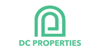 DC Properties logo in teal and green with stylized building icon on white background