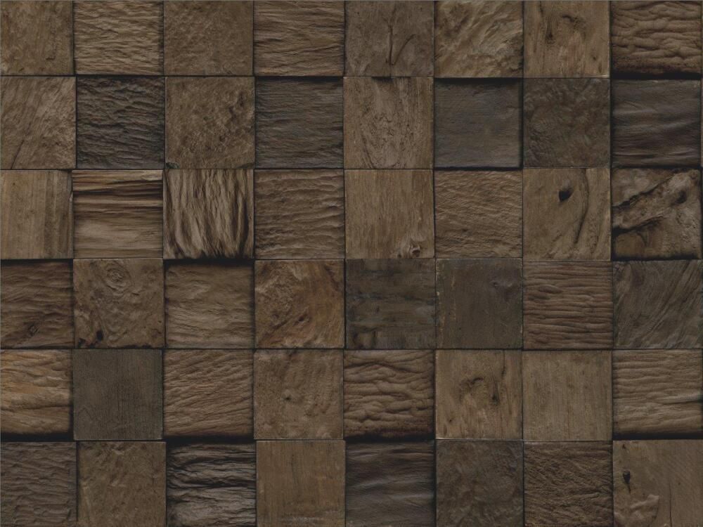 Eine Nahaufnahme einer Holzwand aus Quadraten.