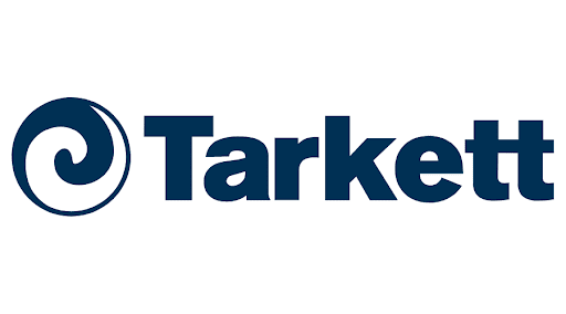 Das Tarkett-Logo ist blau und weiß auf weißem Hintergrund.