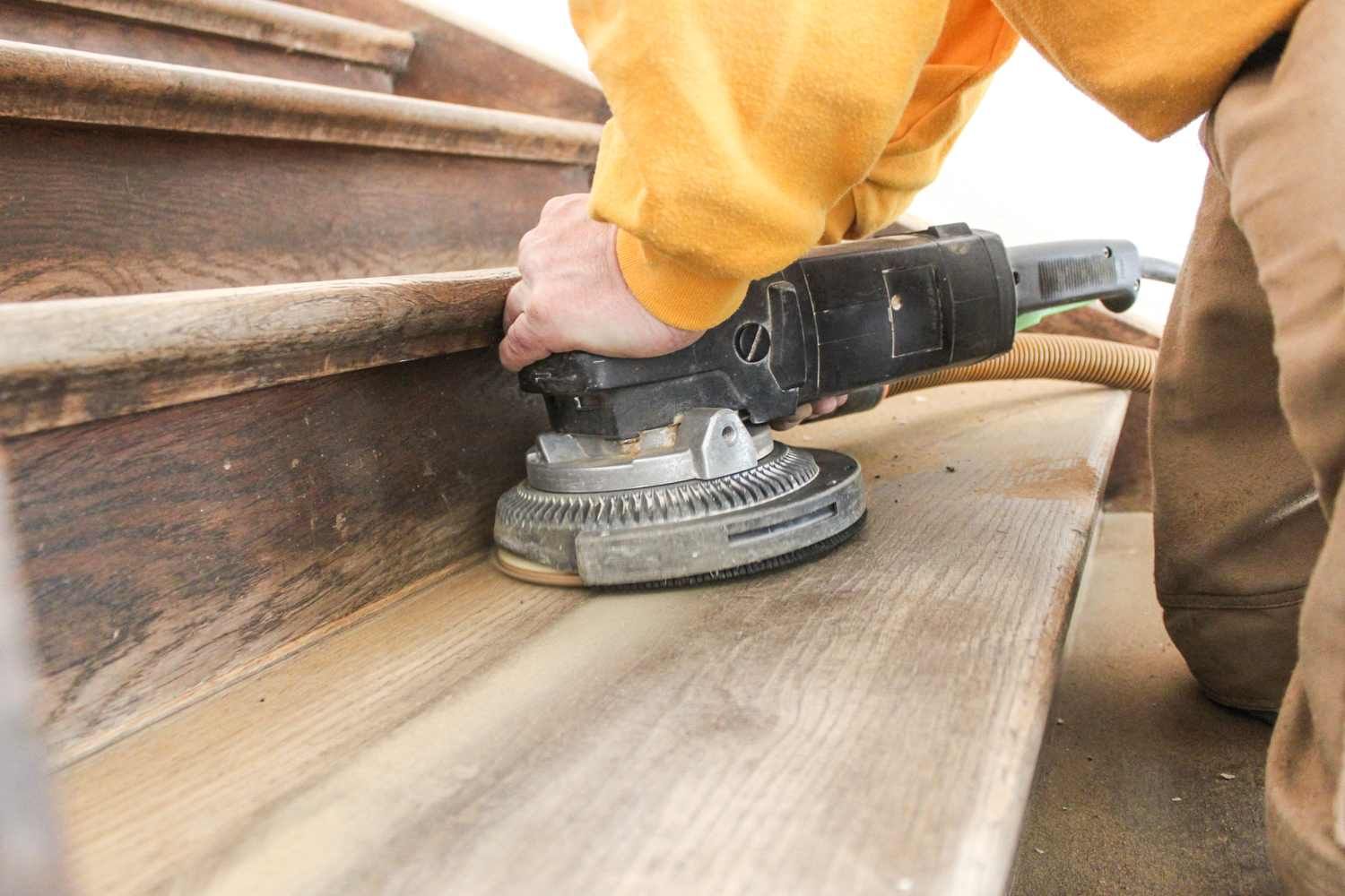 Eine Person schleift mit einer Maschine eine Holztreppe.