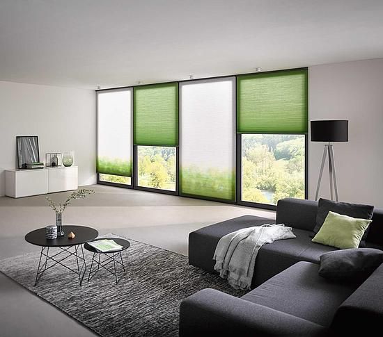 Ein Wohnzimmer mit Couch, Couchtisch und grünen Jalousien.