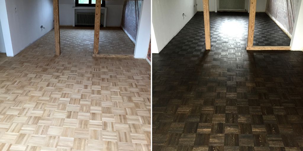 Ein Vorher-Nachher-Foto eines Holzbodens.