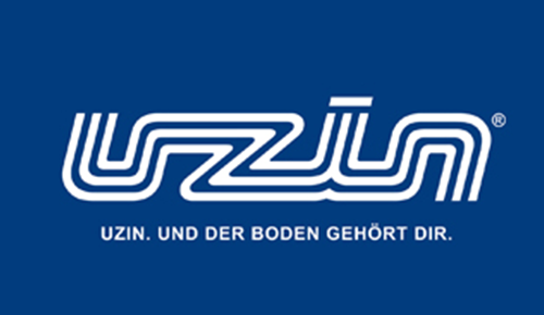 Ein blau-weißes Logo für Uzin auf blauem Hintergrund