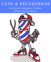 Una caricatura de un poste de barbero que sostiene un par de tijeras y un cepillo.