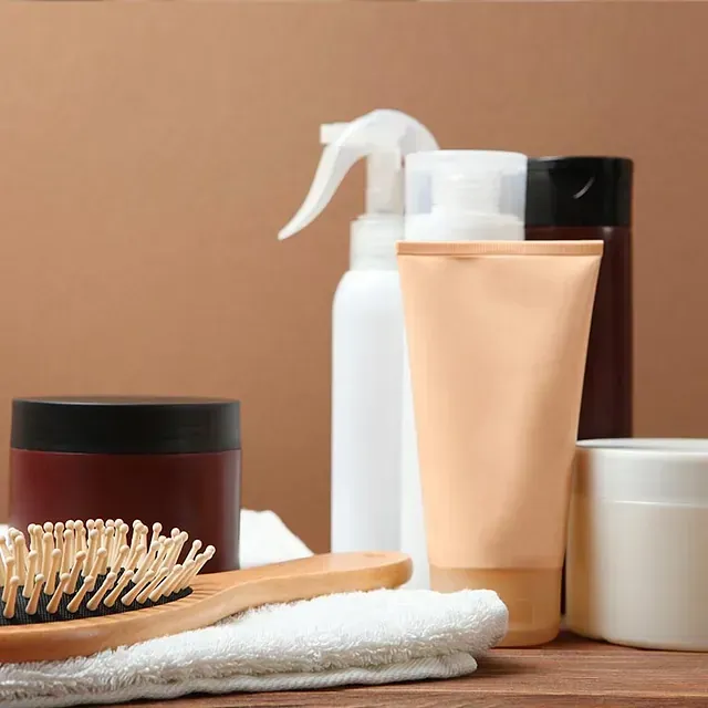 Un cepillo de madera reposa sobre una toalla junto a botellas de productos para el cabello.