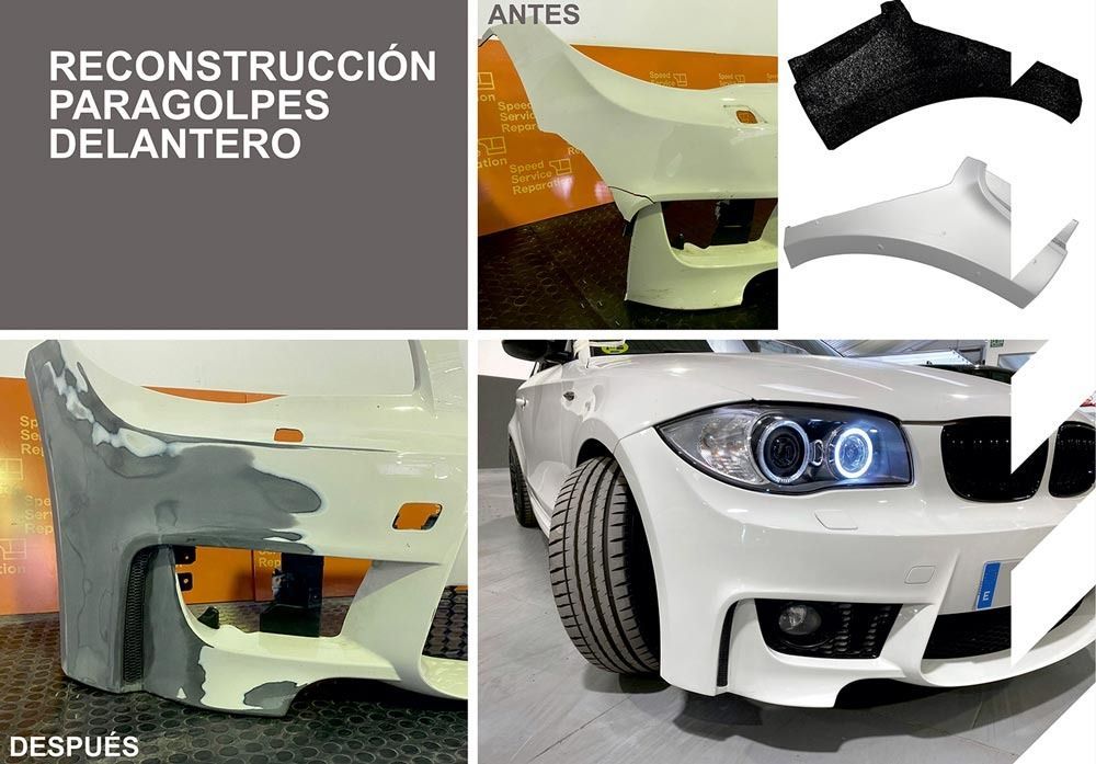 Una foto de un coche antes y después de ser reparado.