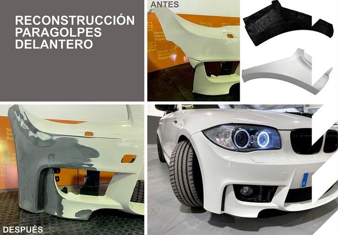 Una foto de un coche antes y después de ser reparado.