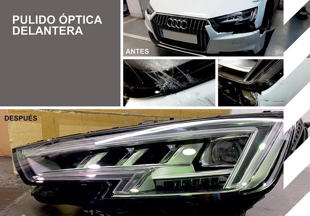 Un collage de fotografías de un coche antes y después de ser reparado.