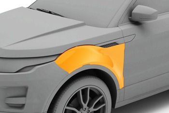 Un modelo 3D de un coche con un guardabarros amarillo.