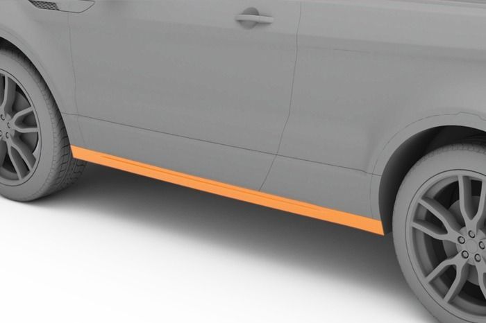 Un modelo 3D de un automóvil gris con detalles naranjas en el lateral.