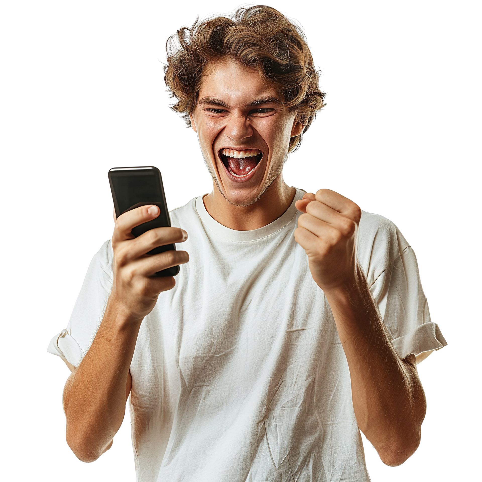 Un homme heureux qui regarde son téléphone