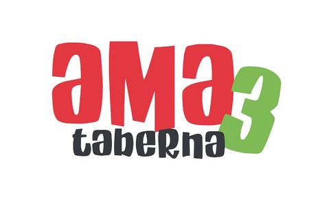 Logotipo de "AMA3 taberna": Texto rojo y verde sobre fondo blanco. La palabra "taberna" está en negro.