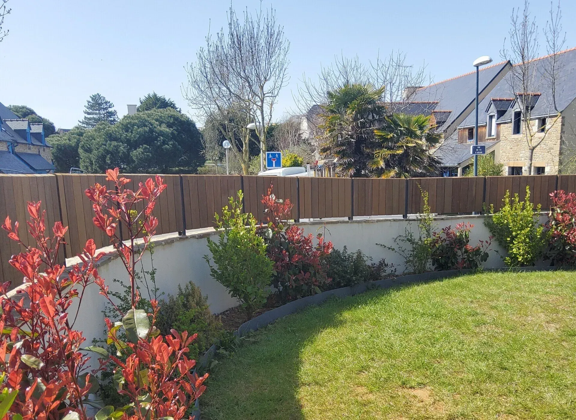 Jardin arrière avec arbustes rouges, pelouse verte, clôture en bois et maisons sous un ciel bleu clair.
