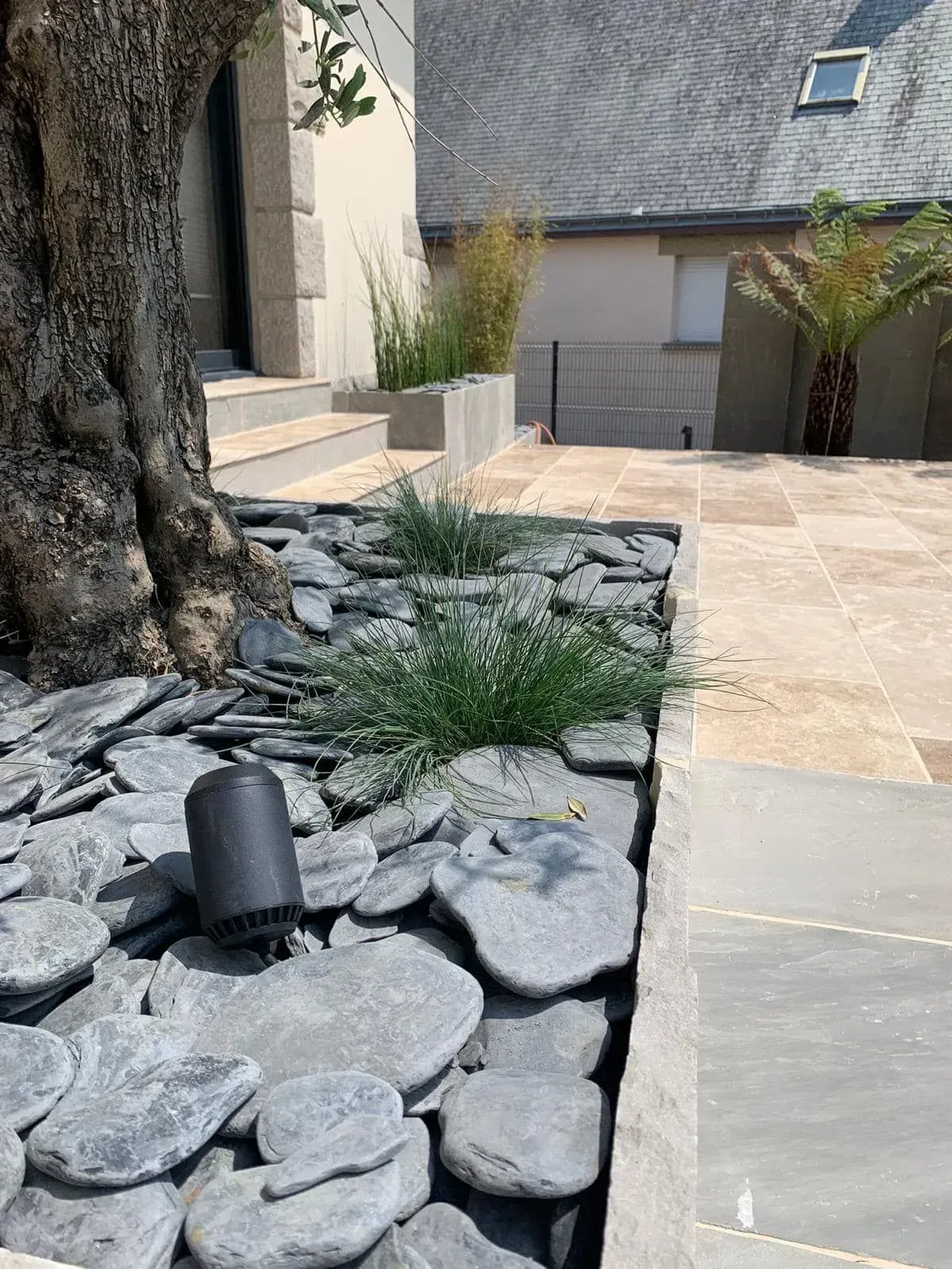 Allée de jardin moderne en pierre, bordant une maison, avec des rochers, une petite plante et un éclairage au sol noir.