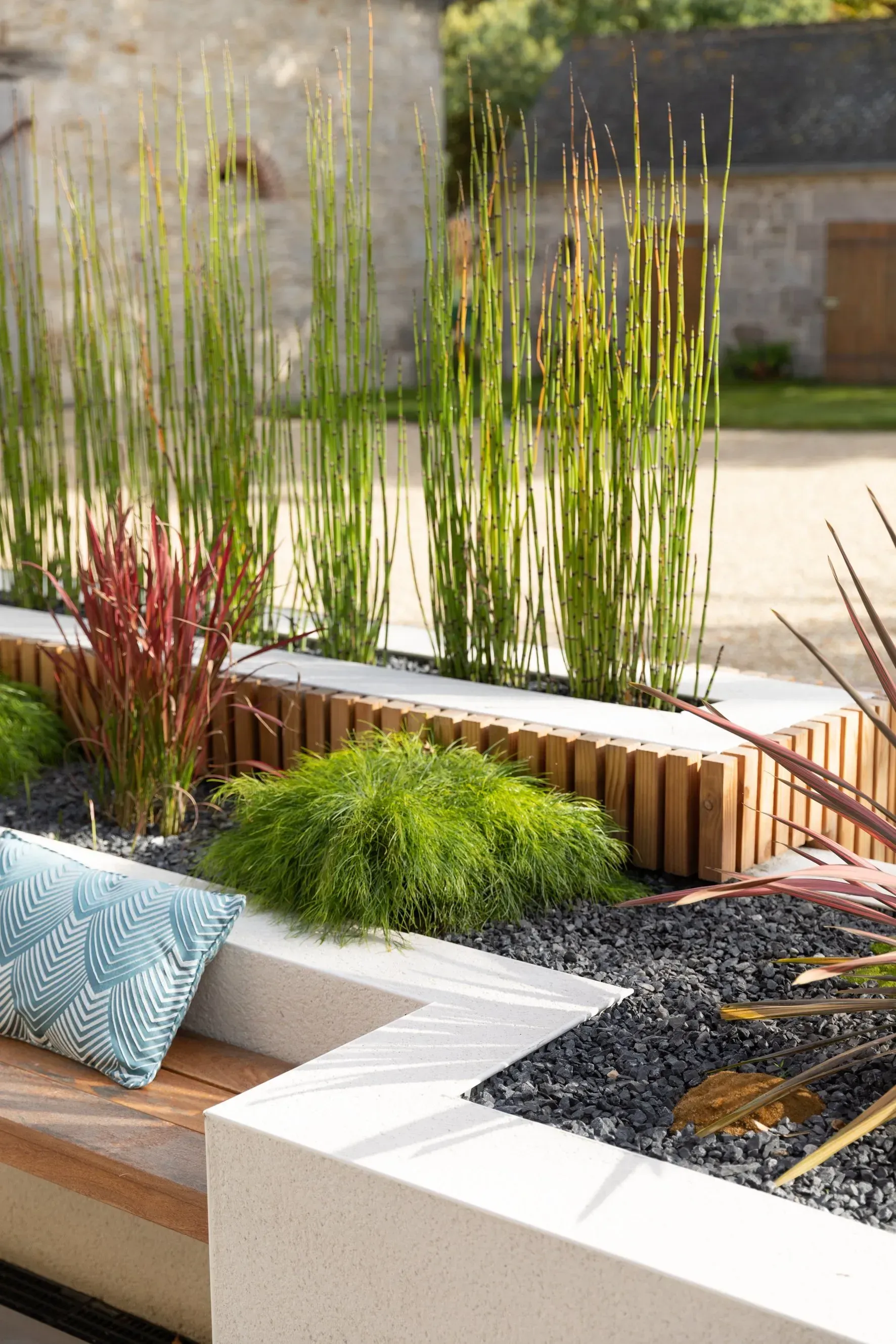 Jardin de cour moderne avec jardinières blanches surélevées, hautes herbes et banc intégré avec coussins.