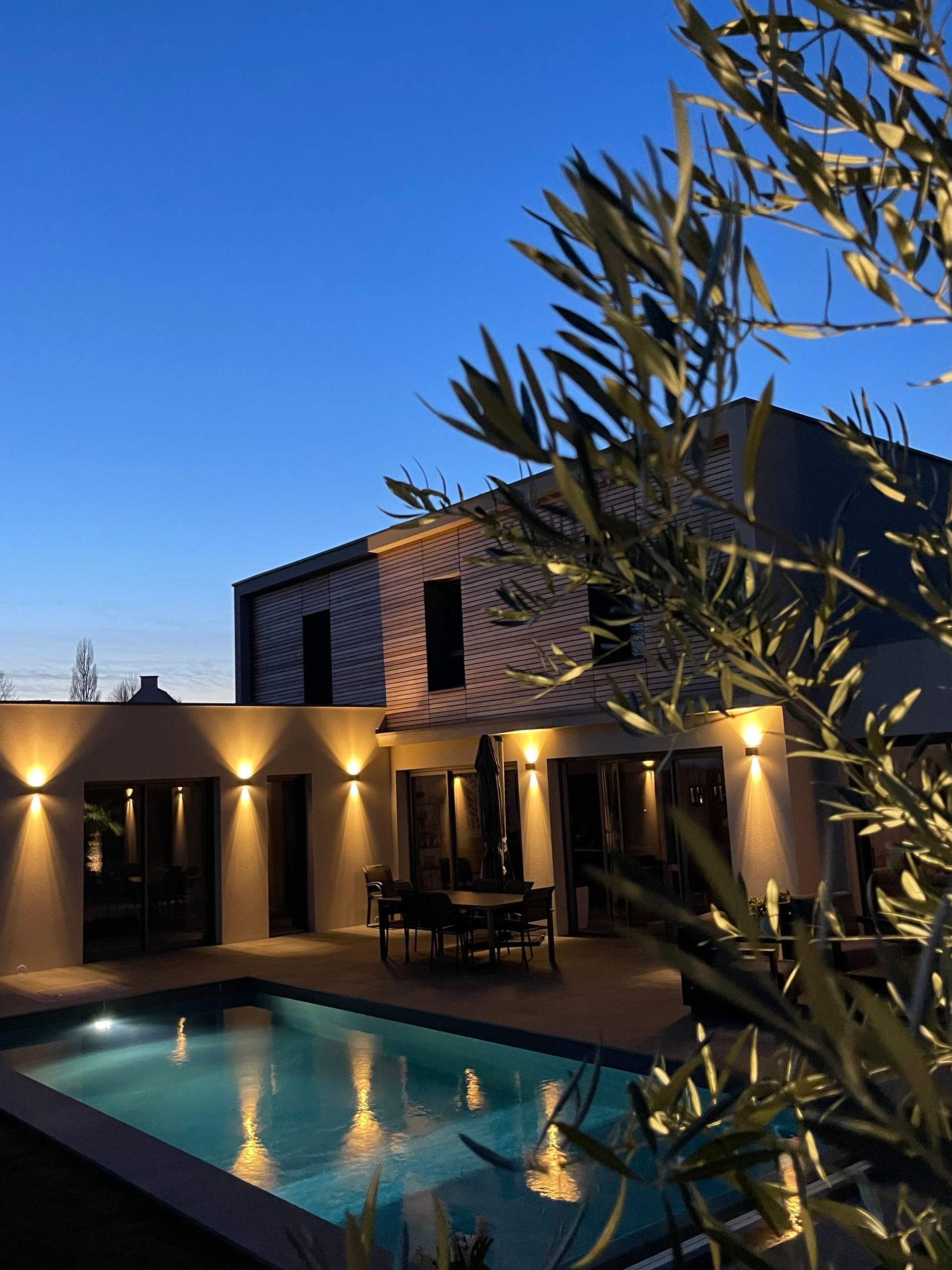 Cour intérieure d'une maison moderne au crépuscule, avec piscine éclairée, terrasse et branches d'olivier au premier plan.