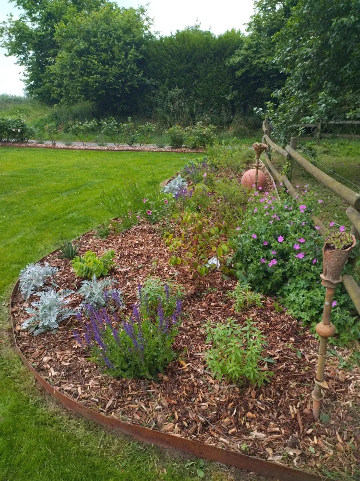 Parterre de fleurs incurvé avec des fleurs colorées et du paillis, jouxtant une pelouse verte et une clôture en bois.
