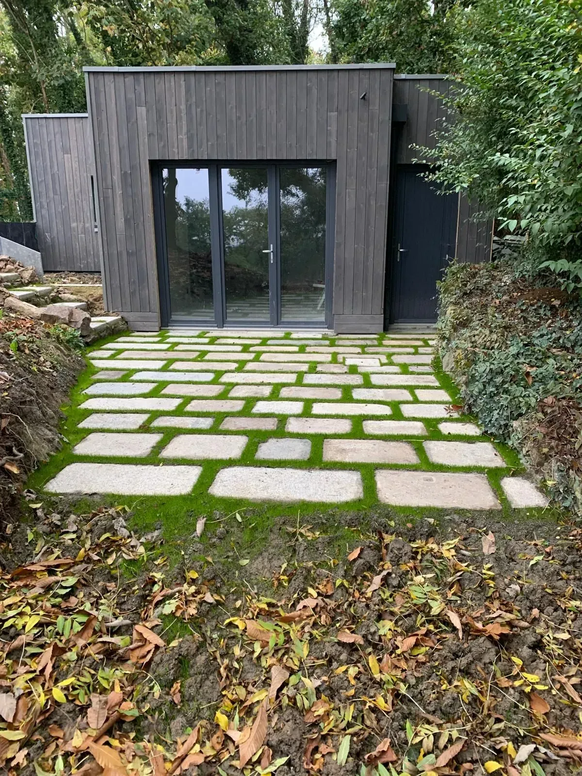 Entrée moderne en bois sombre avec portes vitrées et chemin de pierre traversant un jardin.
