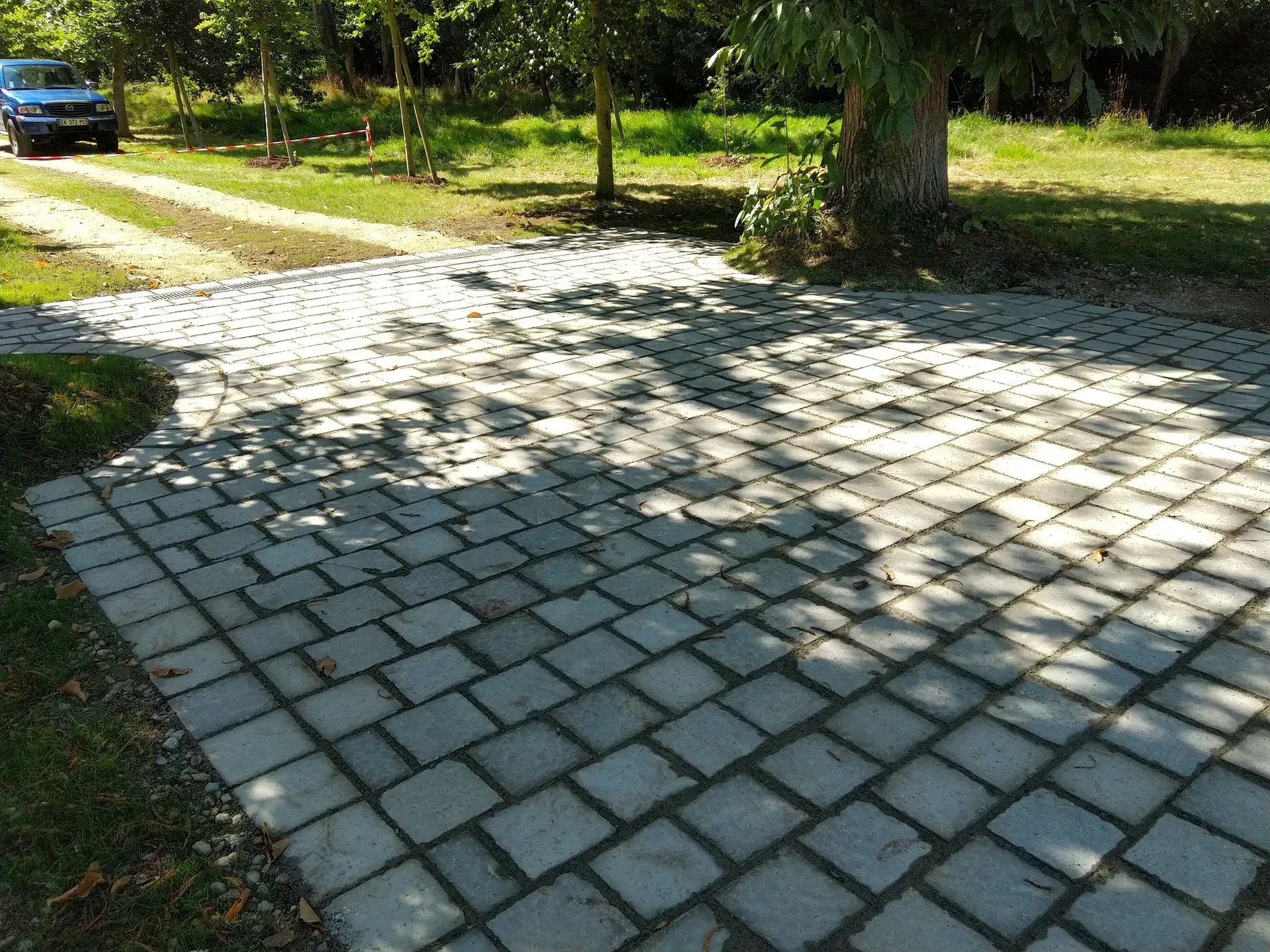 Chemin pavé dans un parc ensoleillé, à l'ombre des arbres et de l'herbe.