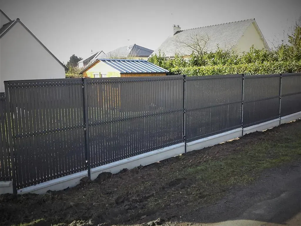 Clôture en métal noir le long d'une allée résidentielle en pente, avec des maisons et des buissons derrière.