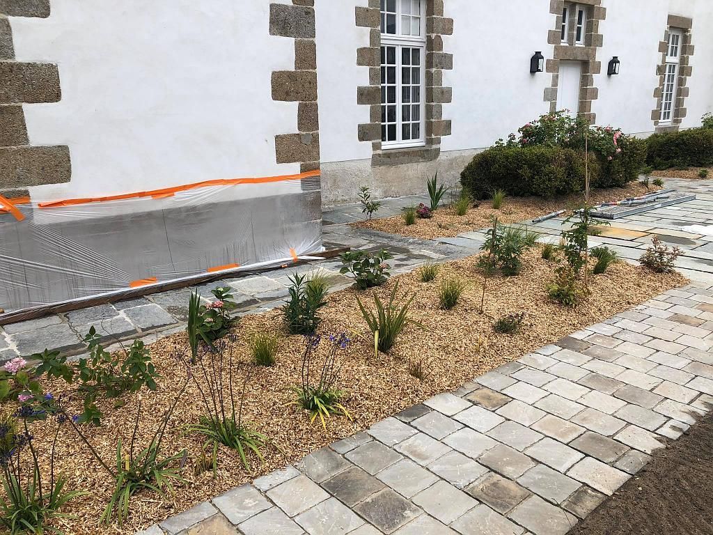 Extérieur du bâtiment avec un parterre de gravier, de petits arbustes et une allée pavée le long du mur.