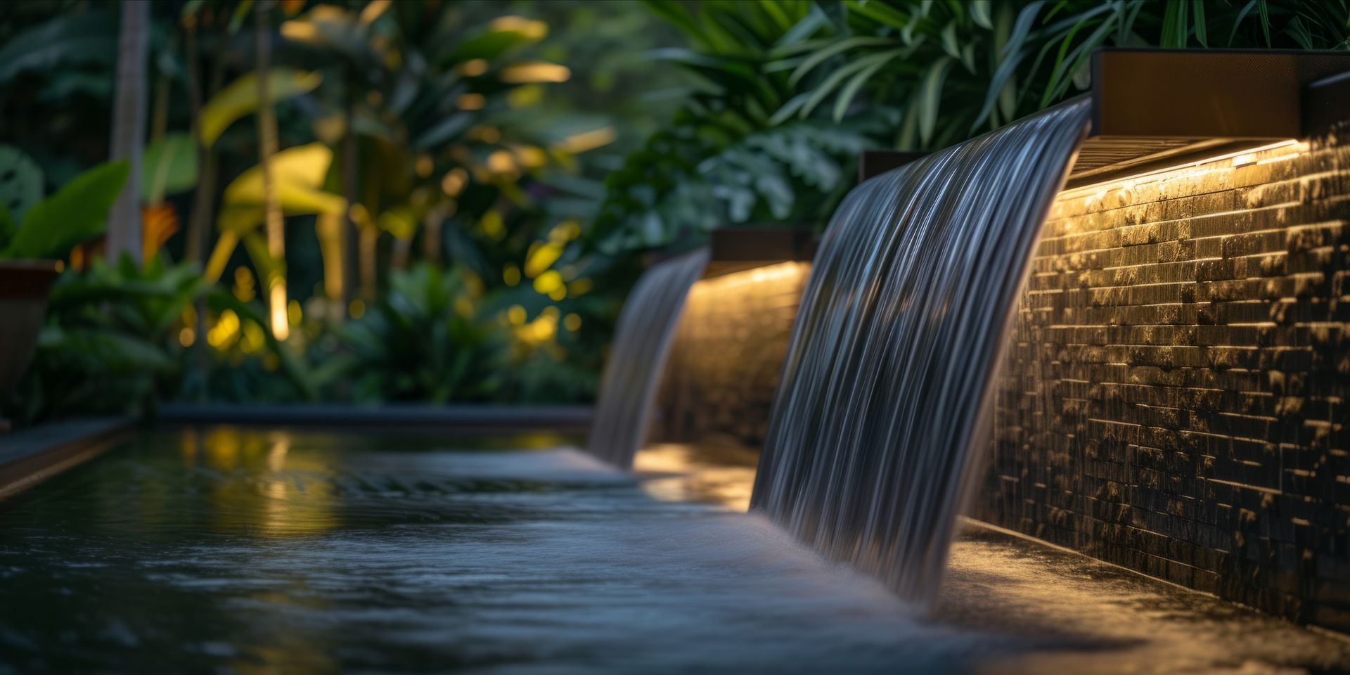 Hay una cascada en el medio de una piscina.