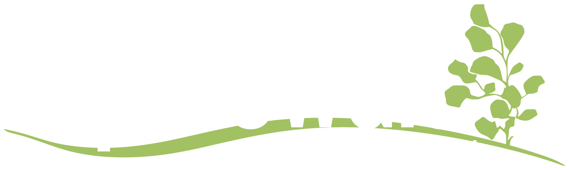Grünes stilisiertes Logo mit geschwungener Linie, Text und Blattzweig.