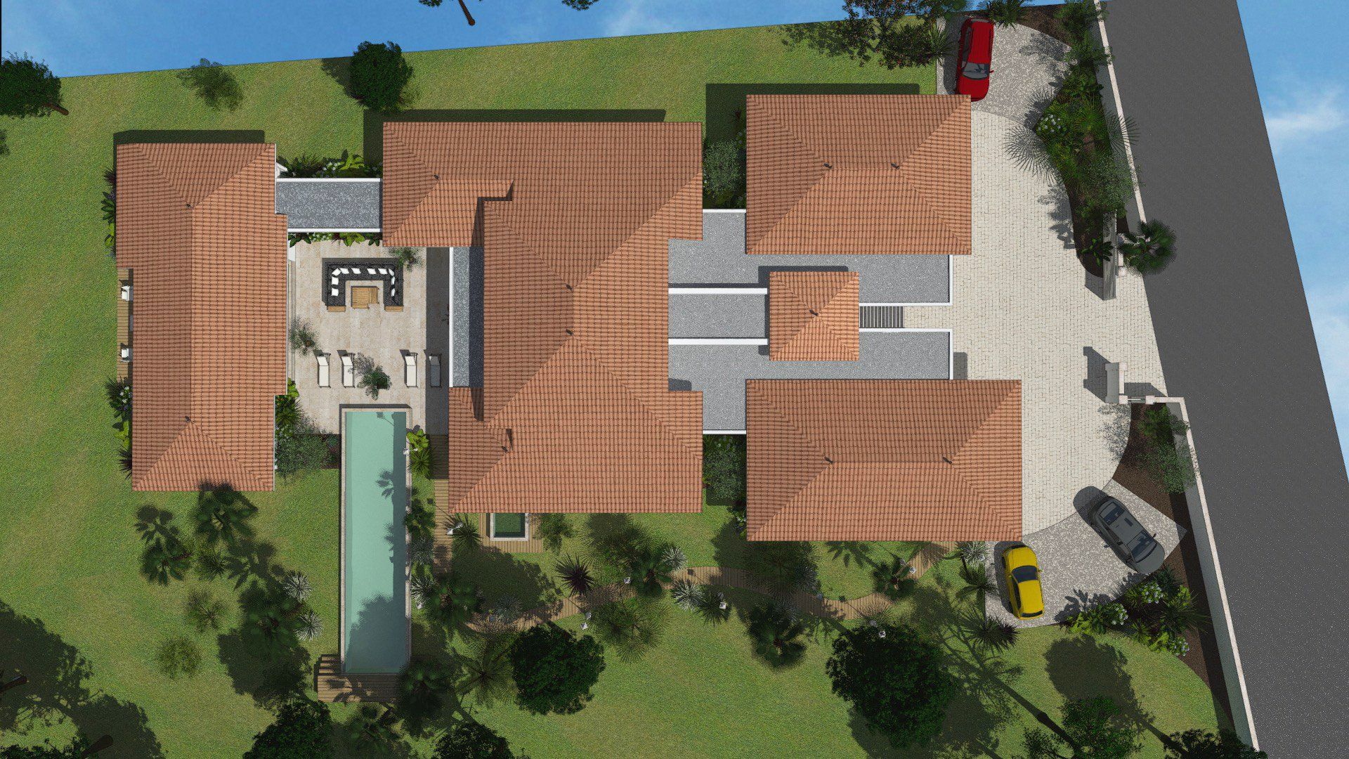 Plan 3D d'une vue de dessus d'une maison.