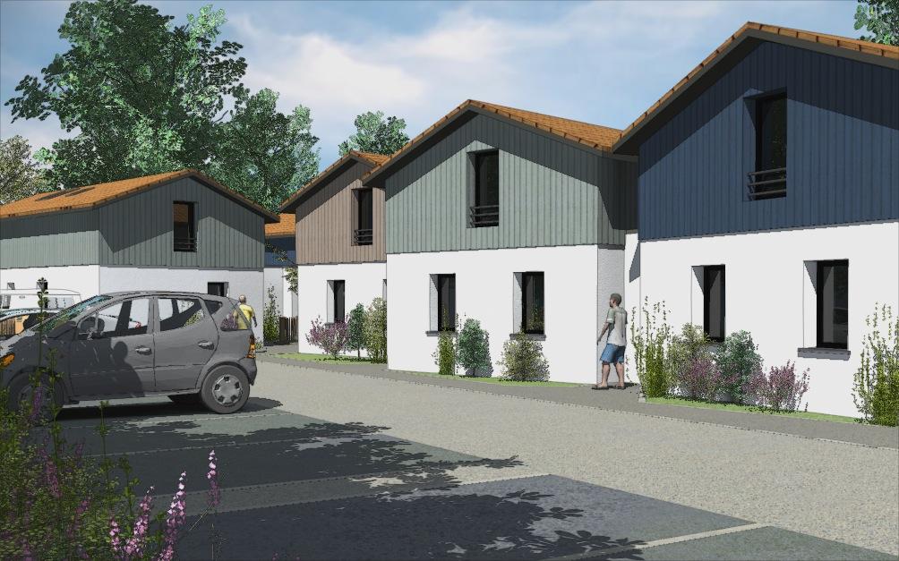 Plan 3D de quatre maisons côte à côte.