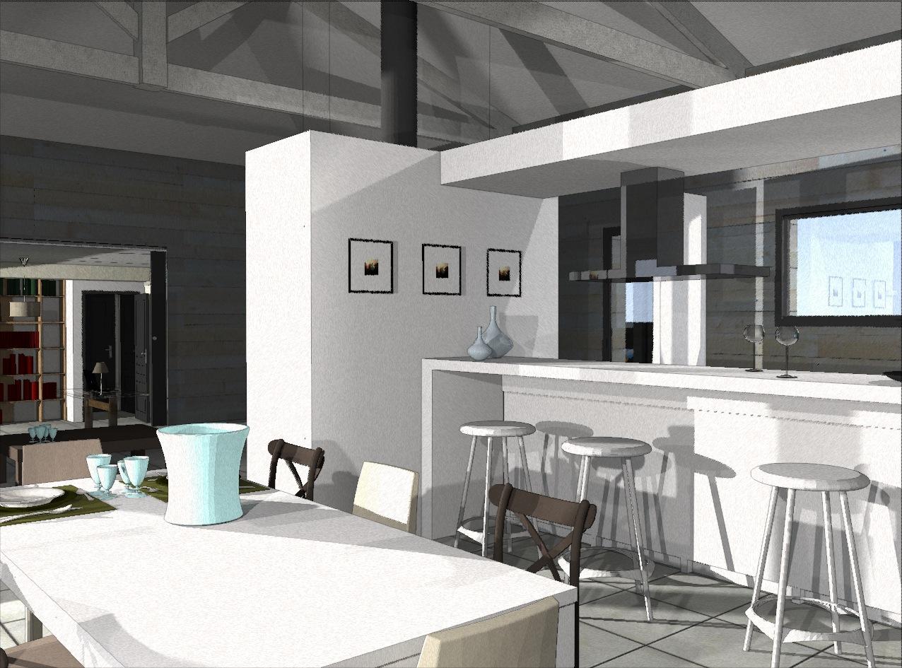 Plan 3D d'une cuisine avec une charpente apparente.