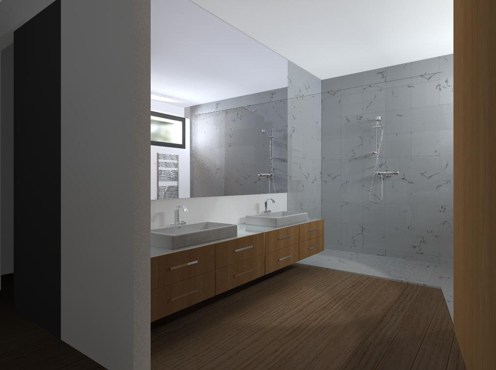 Plan 3D d'une salle de bains avec une douche à l'italienne.