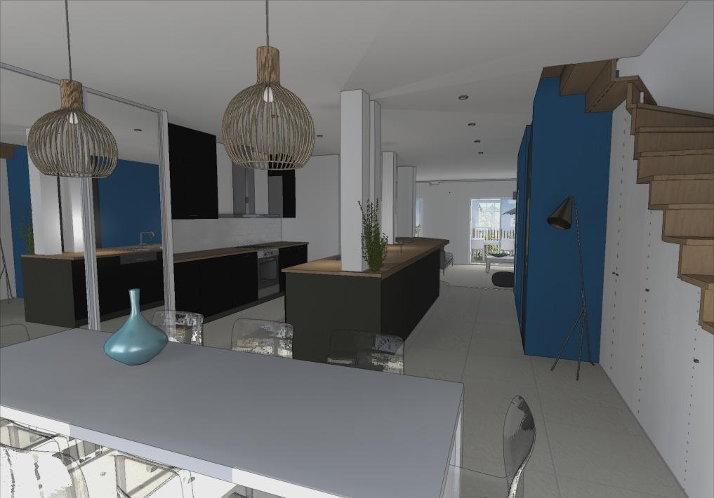 Plan 3D d'une cuisine avec un ilo central.