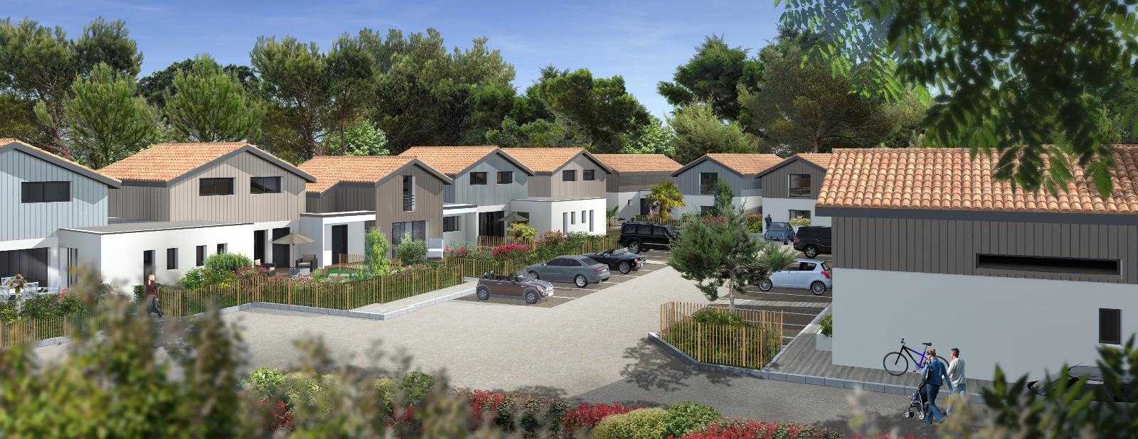 Plan 3D d'un lotissement avec maisons en bois.