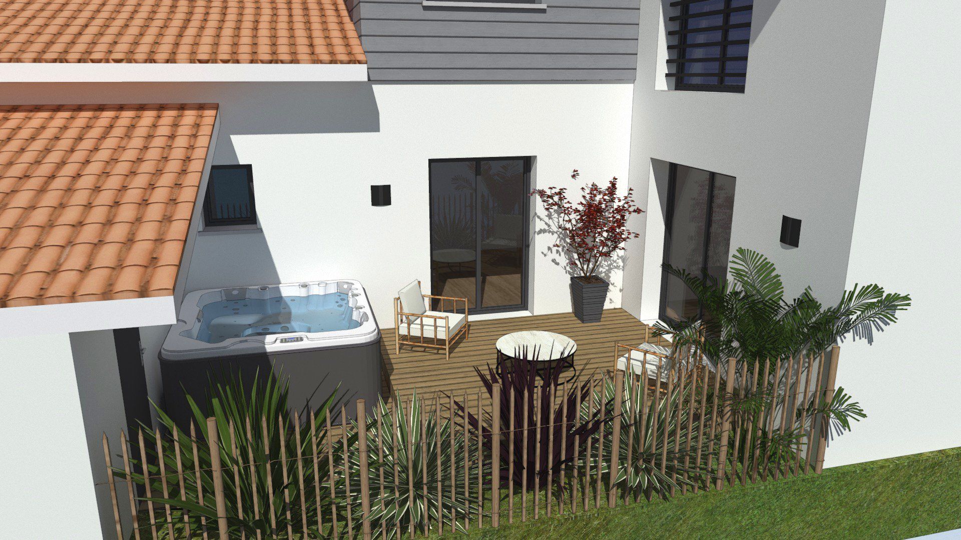 Plan 3D d'une terrasse en bois avec un jacuzzi.
