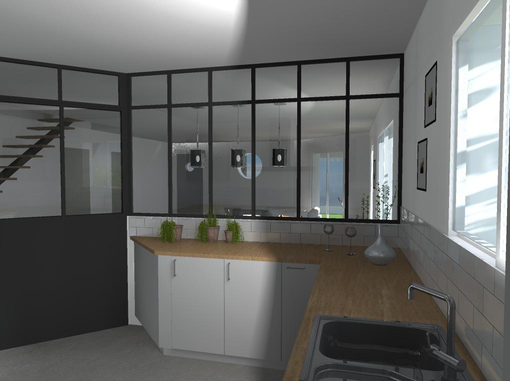 Plan 3D d'une cuisine avec une verrière.