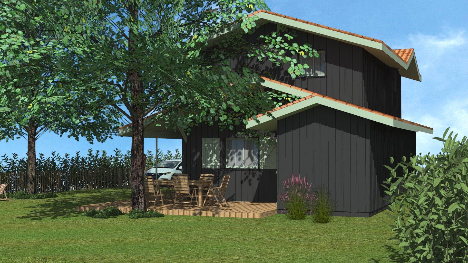 Plan 3D de l'arrière d'une maison en bois.