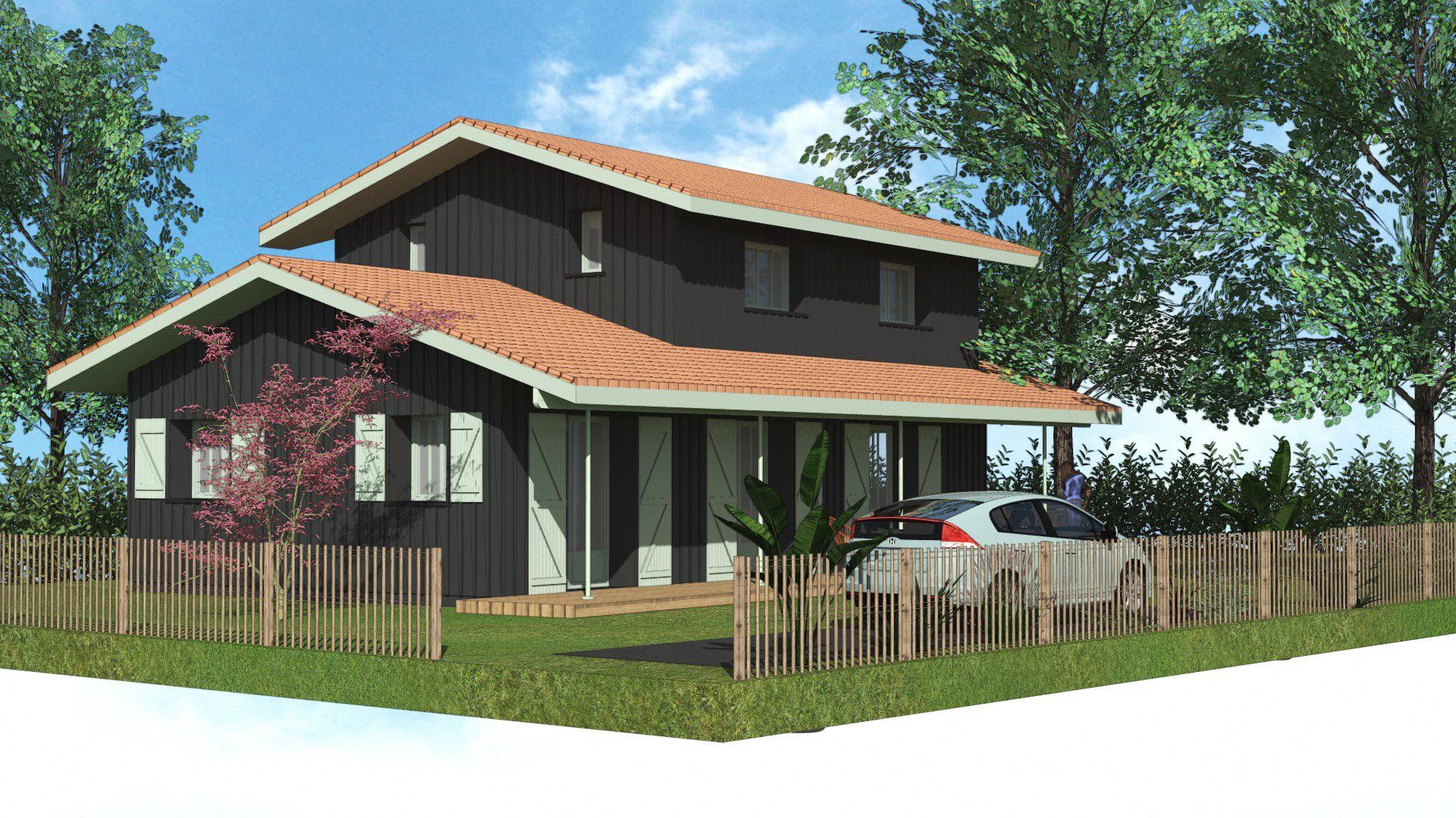 Plan 3D d'une maison en bois marron.