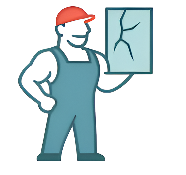 Vitrier tenant une fenêtre fissurée, portant un chapeau rouge et une salopette bleue.