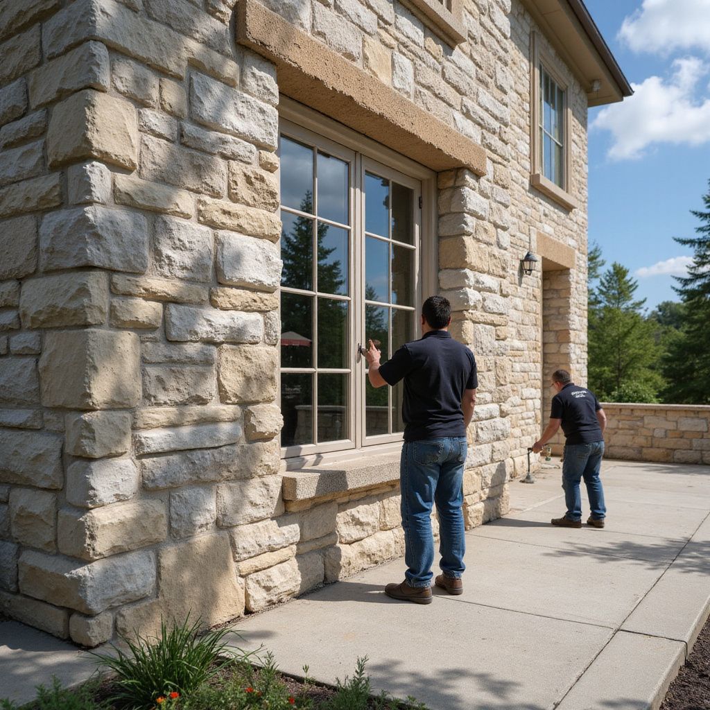 Zwei Männer bauen ein Fenster in die Fassade eines Steinhauses ein. Sonniger Tag.