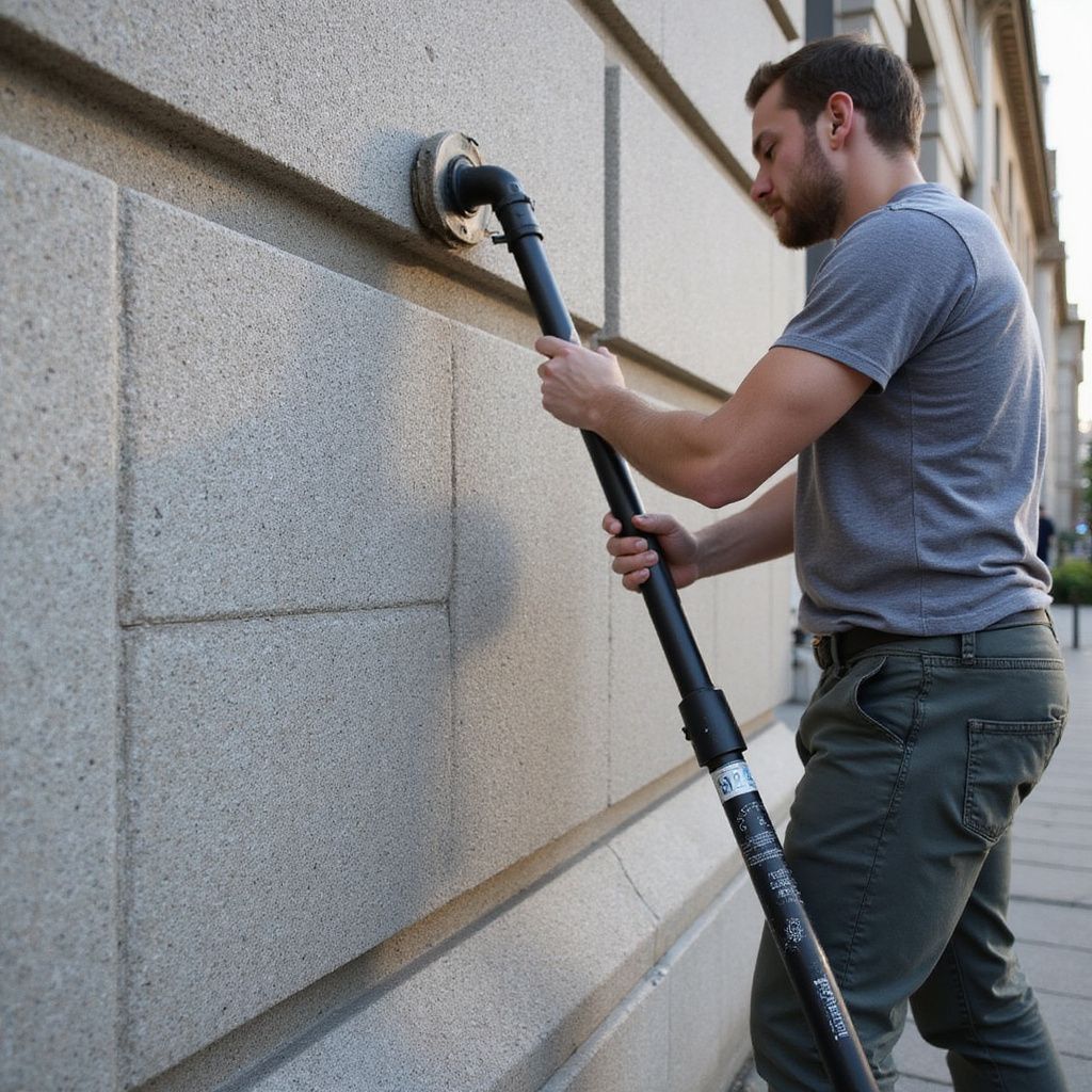 Mann reinigt mit einem schwarzen Schlauch ein an der Wand eines Steingebäudes montiertes Rohr, im Hintergrund ist ein Bürgersteig zu sehen.