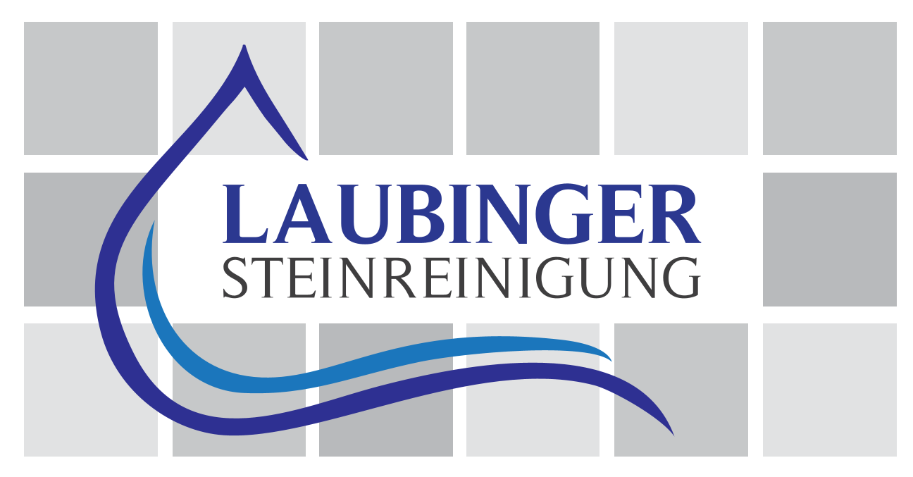 Logo für Laubinger Steinreinigung mit einer blauen Wassertropfenform und Text auf einem gekachelten grauen Hintergrund.